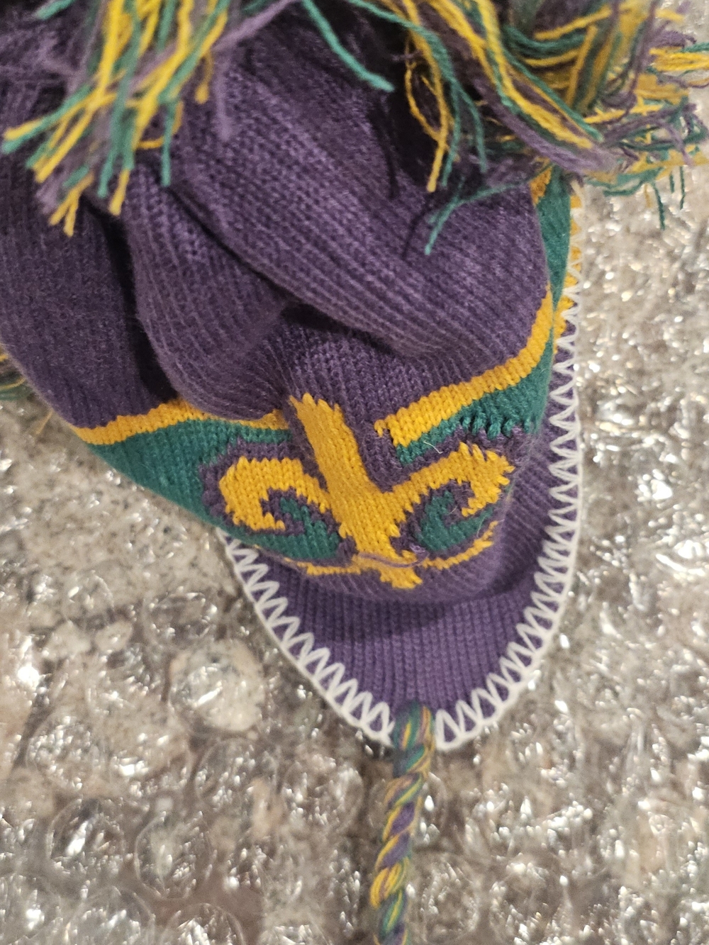 Purple Fleur-de-Lis Knit Winter Hat with Tassels